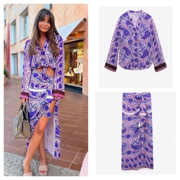 Zara NWT 2 piece beaded printed blouse and skirt set